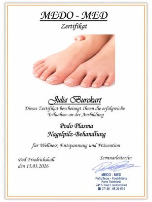 Zertifikat Nagelpilz Behandlung Podo Plasma