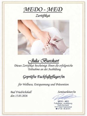 Zertifikat Geprüfte Fachfußpflegerin